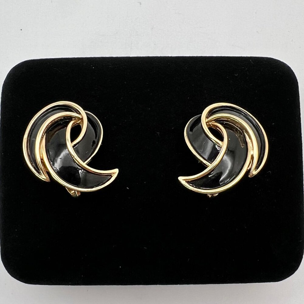 Crown Trifari Black Enamel Crescent CLIP Earrings
